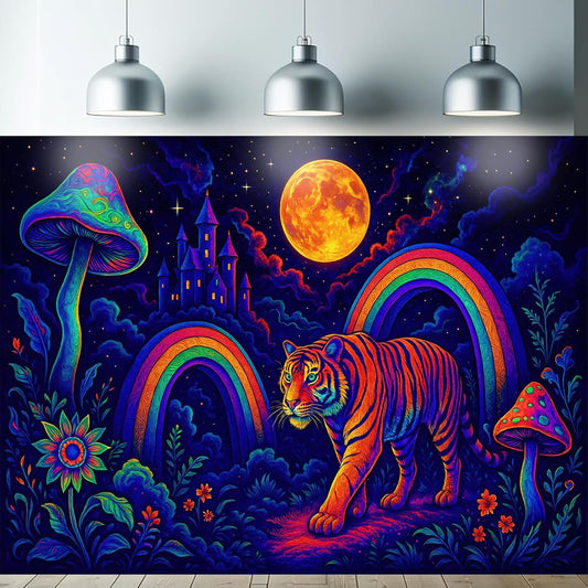Starlit Patio Psychedelic Tiger Blacklight Tapestry UV Reactive Wall Hanging Rainbow Mushrooms Castle and Moon for Bedroom Dorm Living Room Glowing Jungle Decor Fluorescent Trippy Poster 78 x 59 Inch