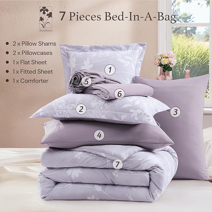 Queen Comforter Set -7 Pieces Floral Purple Comforter Set for All Seasons, Bed in a Bag Queen with Botanical Flowers Comforter, Sheets, Pillowcases & Shams
