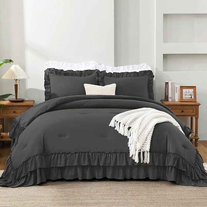 Andency Dark Grey King Comforter Set, Gray Ruffle Farmhouse Shabby Chic Bedding Set, All Season Soft Lightweight Down Alternative Microfiber Bed Comforter Sets