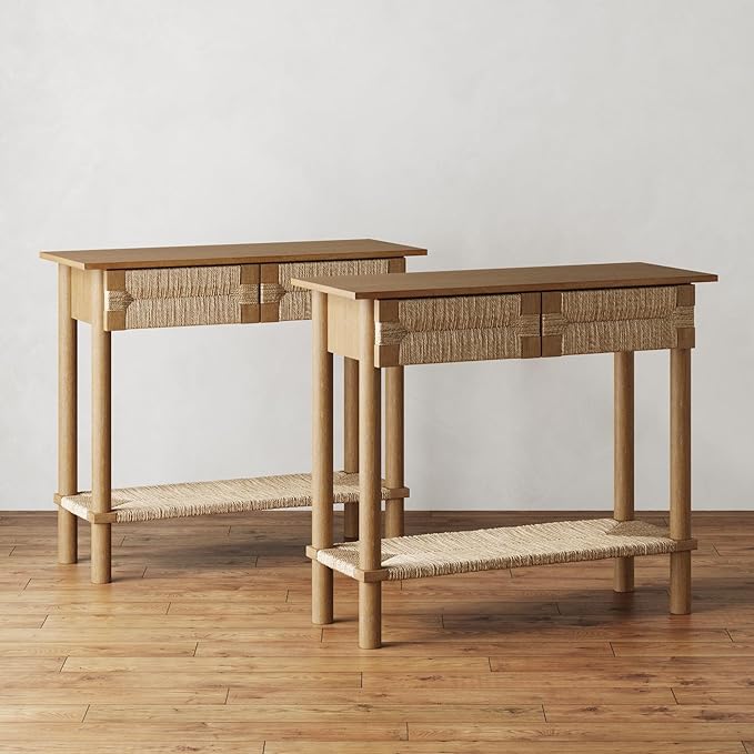Nathan James Beacon Wooden Sofa Console Table with Drawers, Bohemian Entryway Accent, Hallway Furniture with Seagrass Shelf, Light Brown, Set of 2