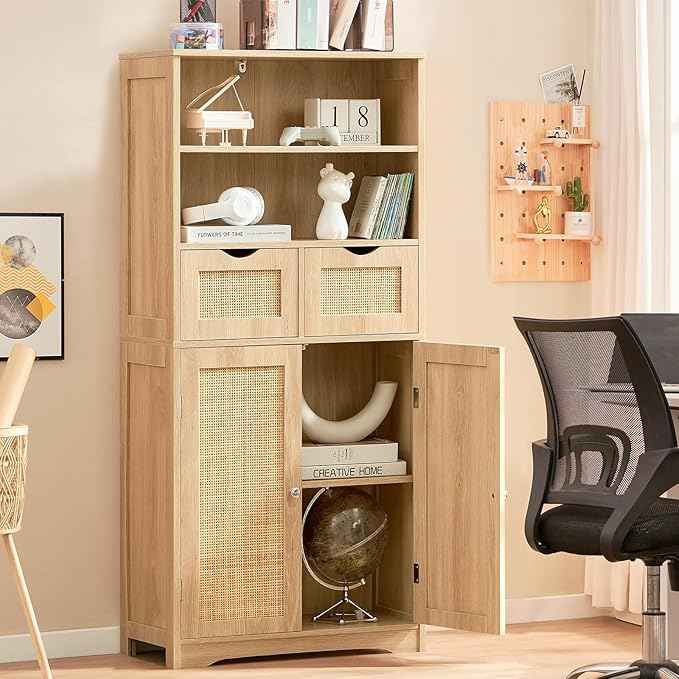 Iwell Tall Storage Cabinet, Rattan Cabinet with 2 Drawers & Adjustable Shelf, Kitchen Pantry Storage Cabient, Entryway Cabinet for Living Room, Dining Room, Home Office, Natural