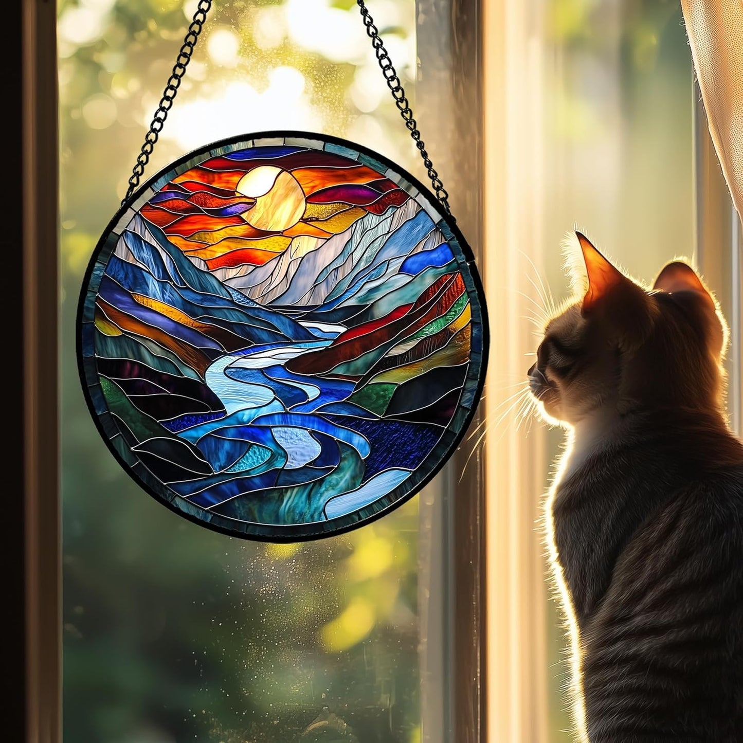 Stained Glass Window Hanging, Canyon Mountains Sunset View Sun Catcher for Window Home Decor Landscape Suncatcher Mother's Day Birthday Gifts for Women Men Mom and Nana 9.8 in