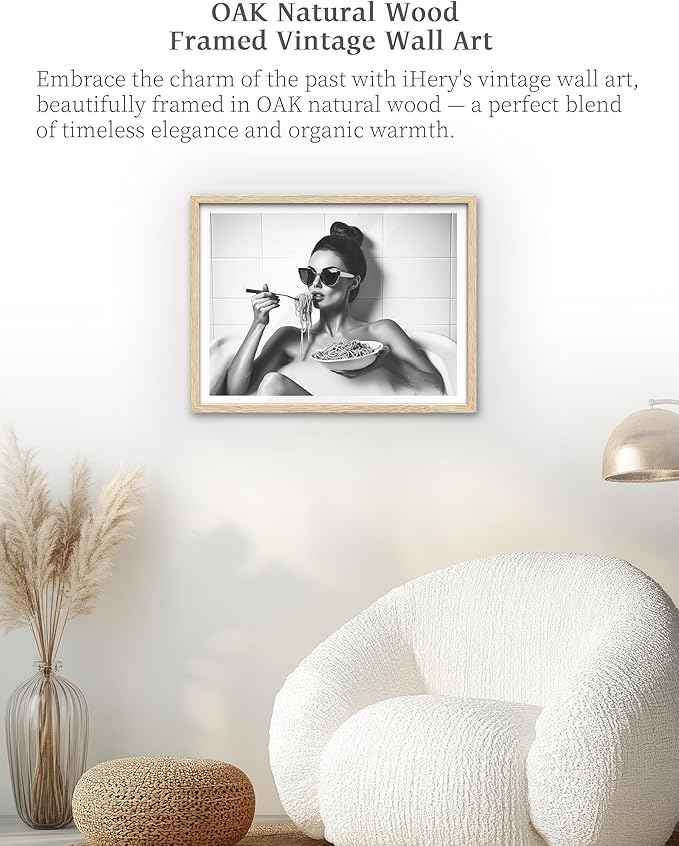 iHery Natural OAK Wood Framed Woman Eating Spaghetti in Bathtub Wall Art, 12x16in Beige Frame Woman Eating Pasta Canvas Print, Black and White Bathroom Poster, Retro Decor Set of 1