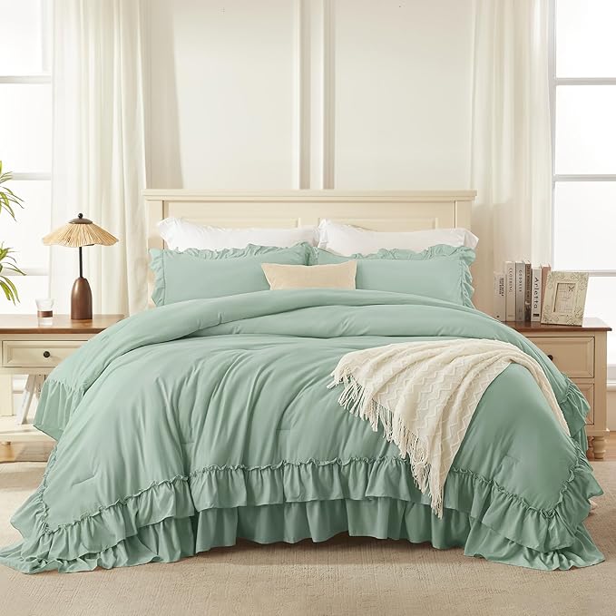 Andency Sage Green Twin Size Comforter Set, 2 Pieces Boho Lightweight Fluffy Ruffle Bedding Set & Collections, All Season Soft Microfiber Farmhouse Shabby Chic Bed Set for Kids (66x90In Comforter)