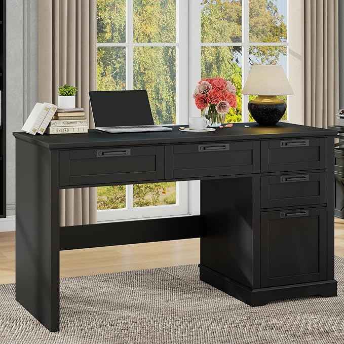 Vabches 55" Farmhouse Home Office Desk with File Drawer, Executive Computer Desk with 4 Storage Drawers, Rustic Computer Desk for Working, Studying, Writing, Black