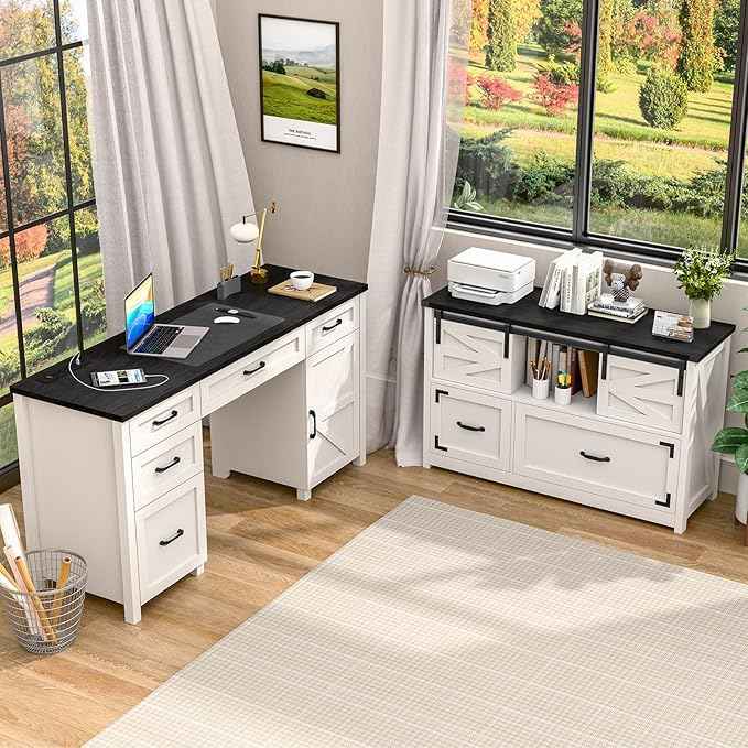 Lateral File Cabinets 2 Drawer with Sliding Barn Doors, Farmhouse Filing Cabinet with 2 drawer for Home Office，Filing Organization Storage Cabinets for Hanging Files Letter/Legal/F4/A4.(Black.)