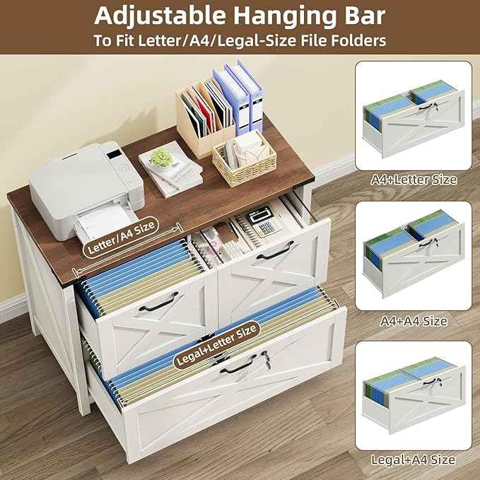 Vabches Lateral File Cabinet with 3 Drawers, Farmhouse File Cabinet with Lock for Letter/A4/Legal Size Hanging Files, Wood File Storage Cabinets Printer Stand for Home Office Cabinets, Rustic White