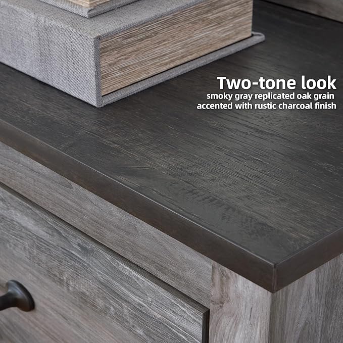 Signature Design by Ashley Bronyan Rustic 2 Drawer Nightstand, 2-Tone Look, Light Gray and Dark Gray, Large Scale Handles, Fully Finished Drawer Interiors, 24.72" Tall, Gray