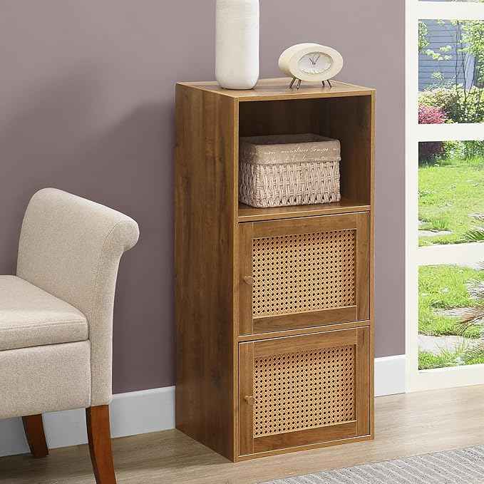 Convenience Concepts Xtra Storage Boho Weave 2 Door Cabinet 16.5" - Modern Storage Organizer with Shelf, 2 Cabinet Doors, for Living Room, Bathroom, Office, Den, Brown Autumn Haze/Beige Barley