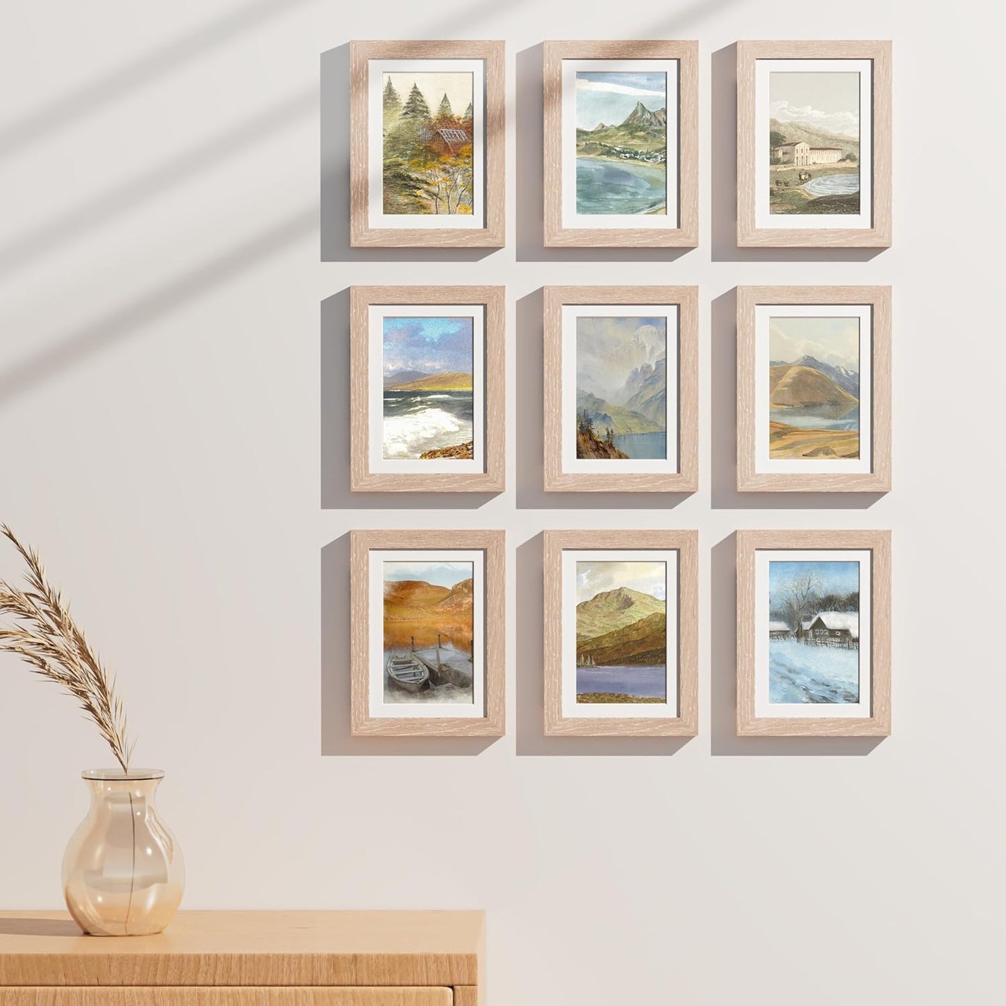 Vittanly 5x7 Picture Frames Set of 9, Shatter Resistant Plexiglass, Display 4x6 Pictures with Mat or 5x7 without Mat, Photo Frames for Wall or Tabletop, Engineered Wood, Rustic Pink