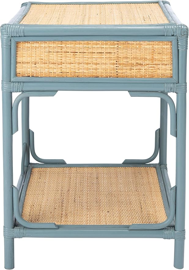 SAFAVIEH Home Collection – Roya Blue Grey & Natural Nightstand with Drawer & Shelf, Coastal Accent Table, Bamboo-Style Frame & Rattan Drawer (NST4005B)