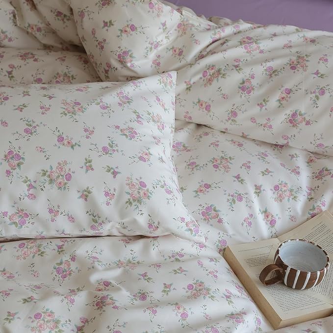 Vintage Floral Comforter Set King 3 Pieces Boho Floral Bedding Comforter Fluffy Soft Botanical Flowers Comforter with 2 Pillowcases Cottagecore Bedding Set Pink Purple Flowers King Comforter Set