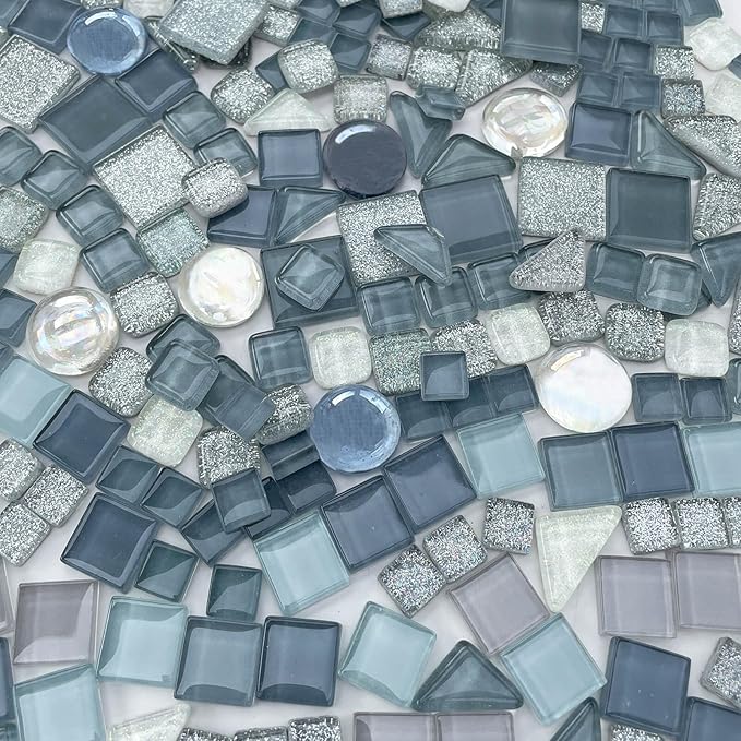LITMIND 1.1 LB Gray Irregular Glass Mosaic Tiles with Backing, Assorted Mosaic Shapes for Creative Crafts – Ideal for Adult Mosaic Kits, Puzzles, and Artwork Projects