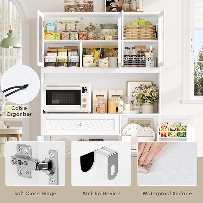72” Tall Kitchen Pantry Storage Cabinet, Modern White Kitchen Hutch with Large Storage Drawer, Countertop, Adjustable Shelves, Food Pantry Cabinets for Dining Room, Living Room