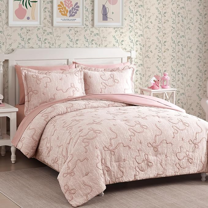 Geniospin Pink Queen Comforter Set for Girls- 7 Pieces Bowknot Jacquard Bed in A Bag Queen Bedding Sets with Sheets, Pillowcases & Shams, All Season Kids Comforter Set