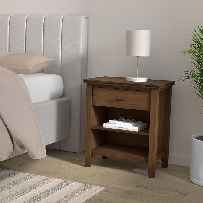 SIMPLIHOME Artisan Bedside Table - 24 inch Wide Solid Wood Nightstand Table in Rustic Natural Aged Brown, Contemporary Bedroom Side or End Table with 1 Drawer, Open Shelf Storage and Bronze Knobs