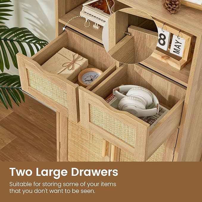 Iwell Storage Cabinet with 2 Drawers & Adjustable Shelves, Rattan Cabinet, Kitchen Pantry Cabinets, Cupboard for Living Room, Kitchen, Home Office, Natural SNG008NR