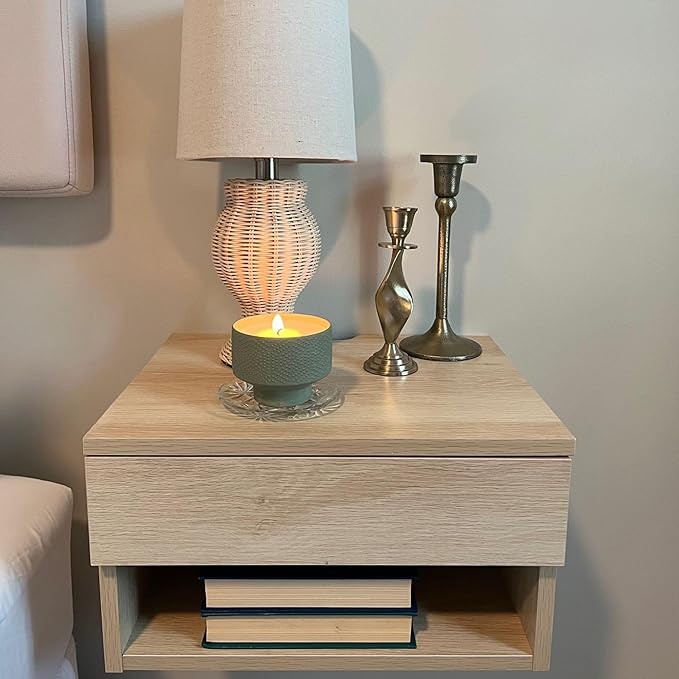 Nathan James Jackson Wall Mounted Floating Bedroom Nightstand with Storage Drawer and Modern Open Shelf Cubby, Light Oak Wood
