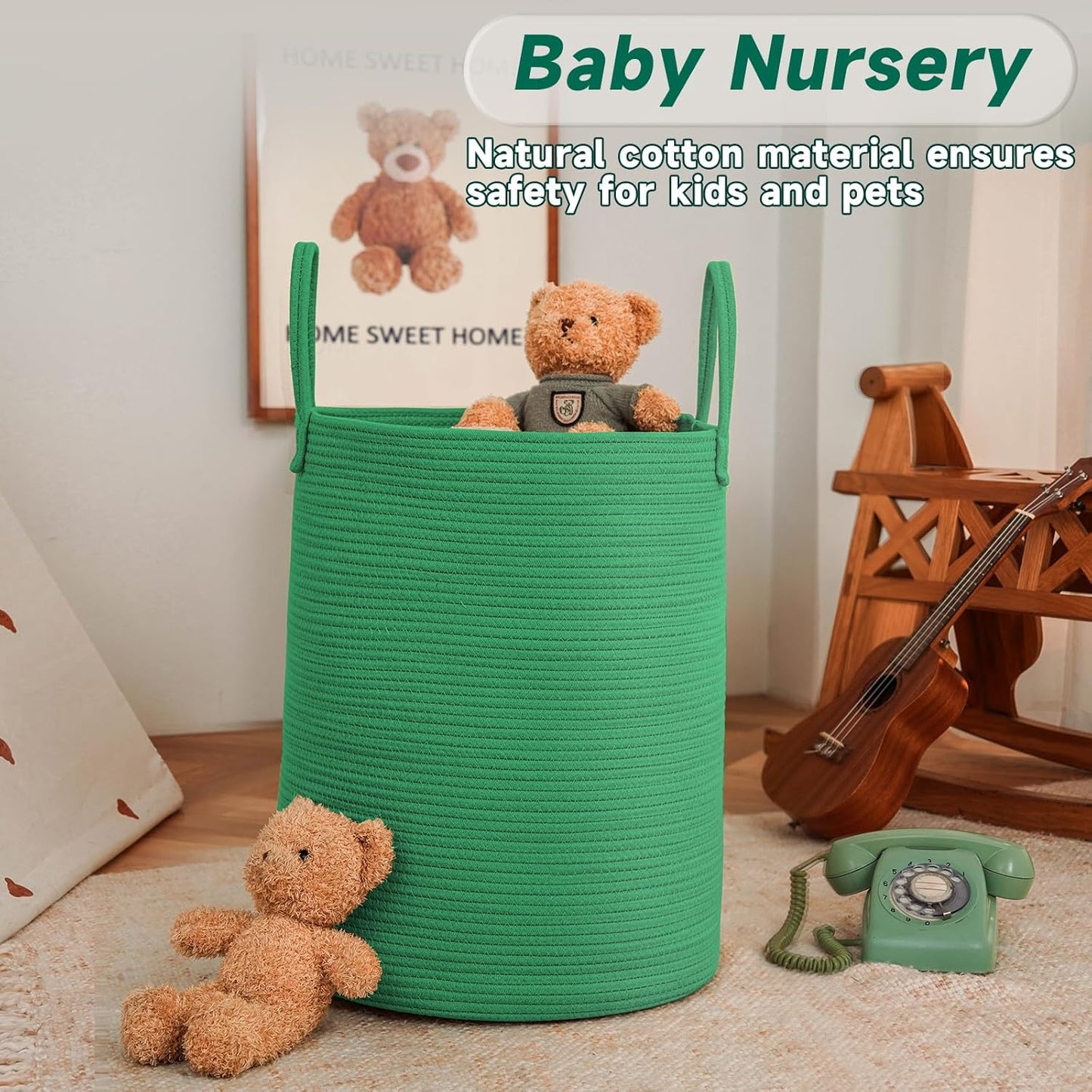 Large Woven Laundry Basket Hamper,60L Cotton Rope Storage Bin for Blankets,Toys and Clothes,Decorative Tall Nursery Hamper for Living Room,Baby Nursery,Bathroom and Bedroom,Dark Green