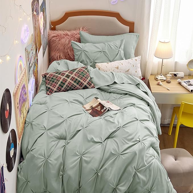 Bedsure Twin Comforter Set Sage Green - Bed in a Bag Twin Size Bedding 5 Pieces, GentleSoft™ Pintuck Bed Set Gift for Family, Pinch Pleat Sage Green Comforter with Sheets, Pillowcase & Sham