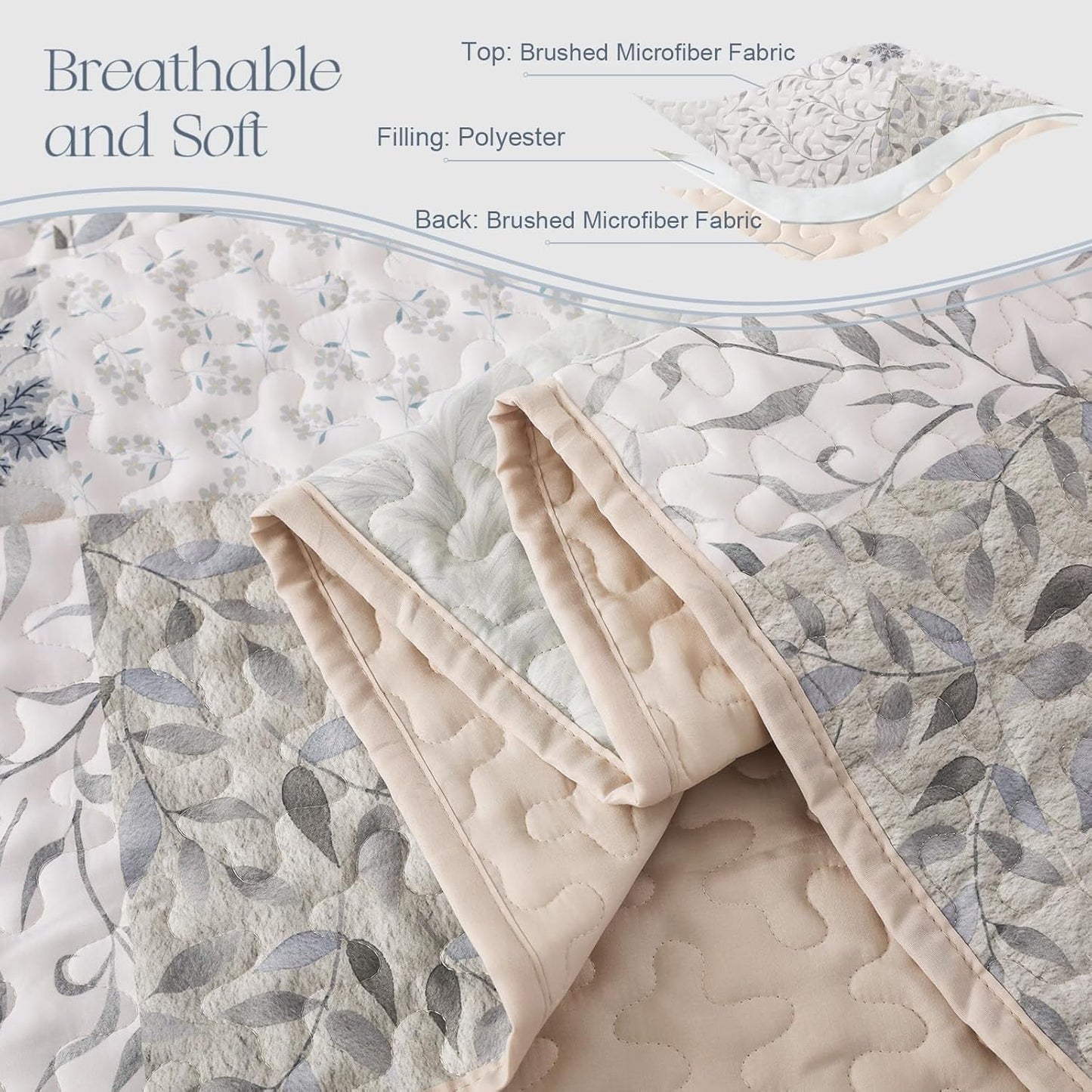 Exclusivo Mezcla Reversible Boho Quilt Set Twin Size, 2 Pieces Patchwork Gray All Season Bedspreads, Ultra Soft Floral Coverlet Bedding Set with Printed Pattern (1 Quilt, 1 Pillow Sham)