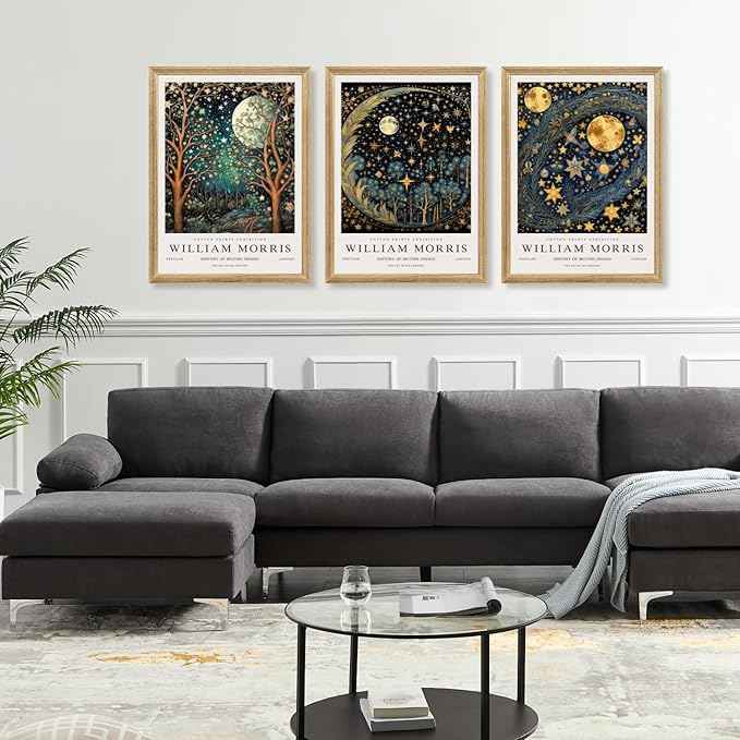 Hianan William Morris Canvas Wall Art, Vintage Gold Moon Stars Poster Prints, Many Dreamlike Stars Wall Decor, Retro Botanical Aesthetic Picture for Bedroom Living Room Office Wood Framed 16"x24"x3