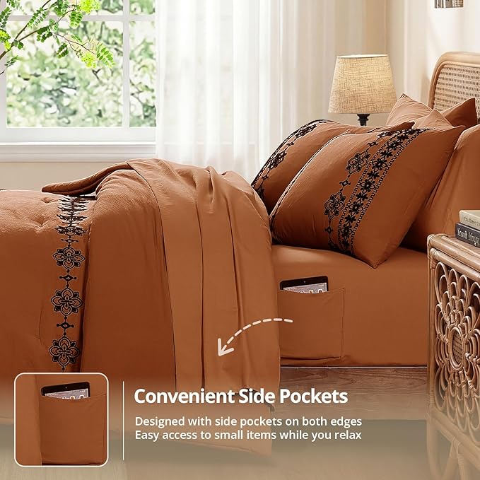 MaiRêve Queen Size Comforter Set Burnt Orange, Embroidery Floral Western Boho Bedding Set, All Season 7 Pieces Bed in a Bag with Sheets, Pillowcases & Shams