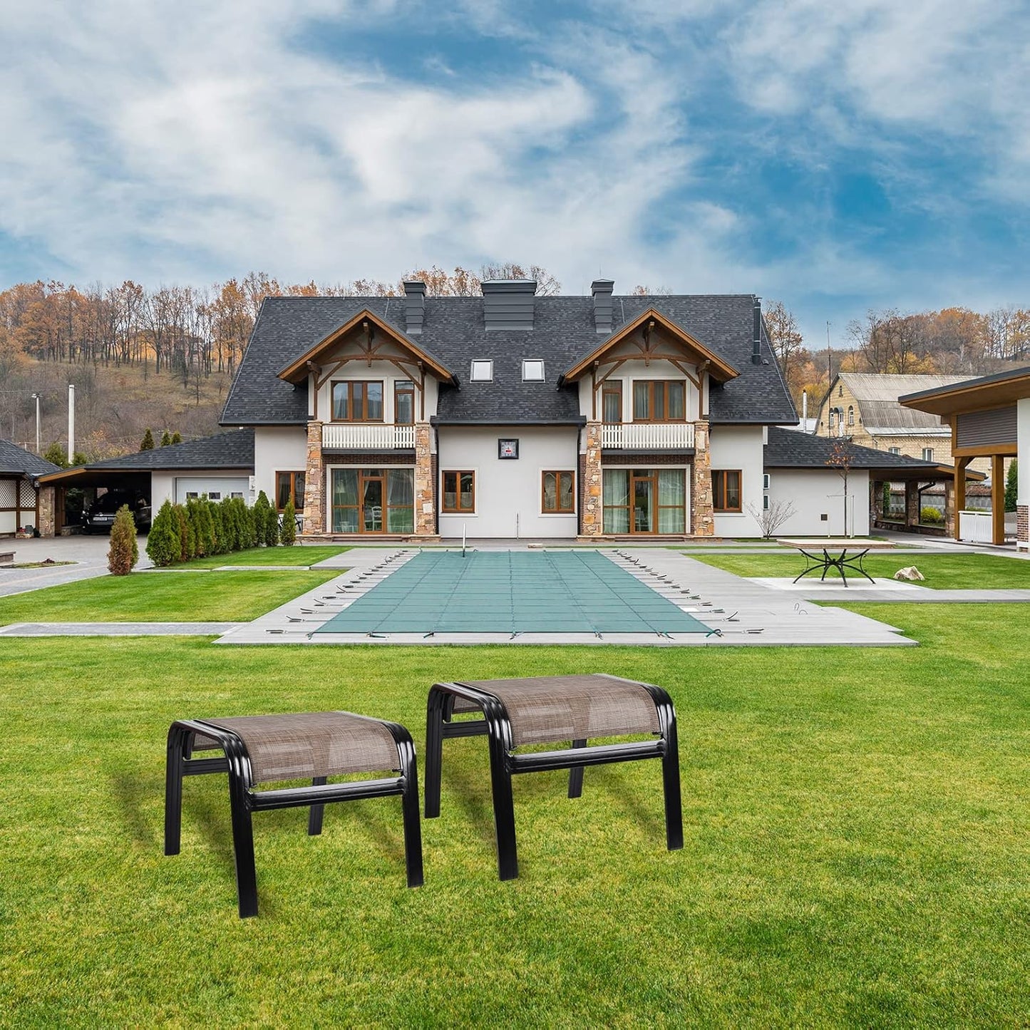 Patio Ottoman Outdoor Footstools Assembled Aluminum Footrest Small Seat for Balcony,Backyard 2 Pack Brown