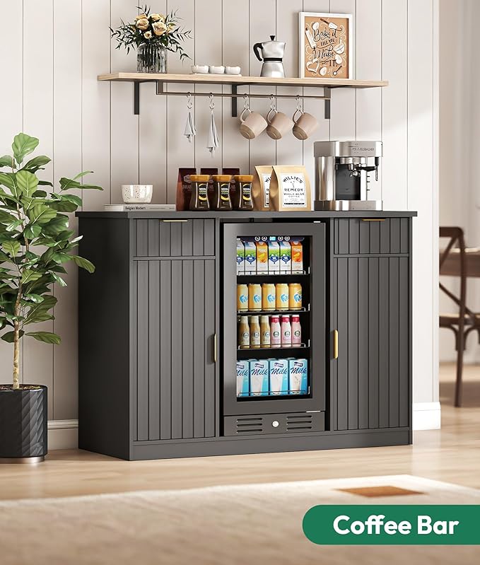 53" Fluted Coffee Bar Cabinet with Fridge Space - Wine Bar Cabinet with Drawer & Door Storage, Mini Fridge Stand with Power Outlet for Kitchen Dining Room, Black