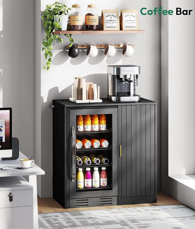 Coffee Bar with Mini Fridge Space - Snack Bar Cabinet with Power Outlet, Fluted Mini Fridge Cabinet with Adjustable Shelf for Kitchen Dining Room Living Room, Black