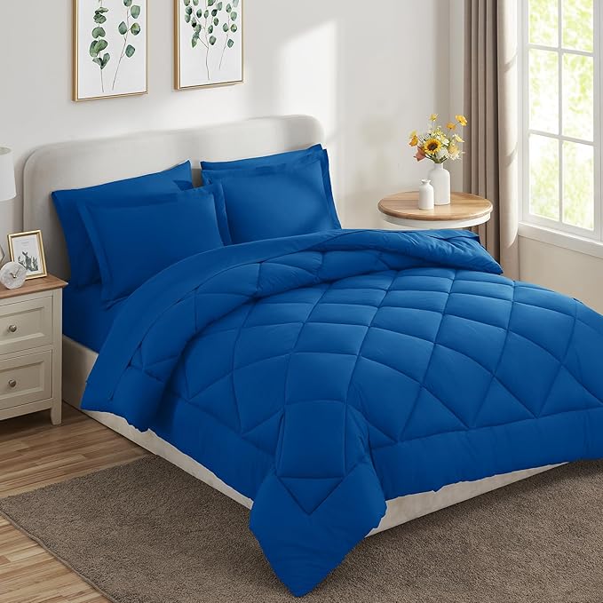 CozyLux Full Size Comforter Sets Classic Blue - 7 Pieces Bed in a Bag Full, Luxury Soft Bed Set for All Seasons, Bedding Set with Down Alternative Comforter, Sheets, Pillowcases & Shams