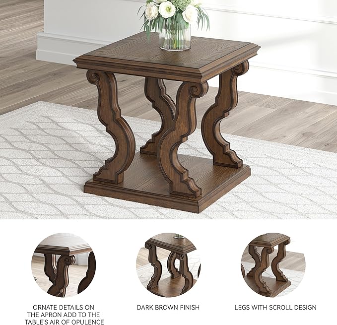 Signature Design by Ashley Maylee Classic End Table with Open Shelf and Scroll Legs, Dark Brown