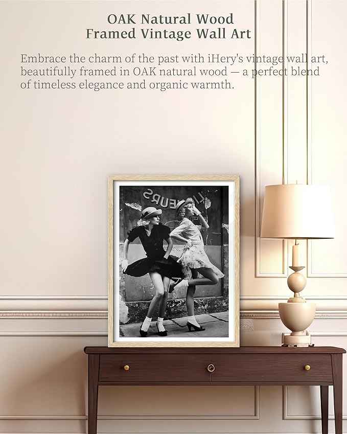 iHery Natural OAK Wood Framed Vintage Women Dancing Wall Art, 12x16in Beige Frame Canvas Retro Women Fashion, Chic Ladies Posing, Black and White Print, Vintage Feminist Wall Decor Set of 1