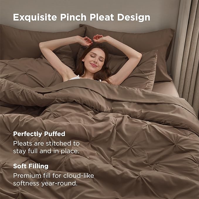 Bedsure Queen Comforter Set Brown - Bed in a Bag Queen Size Bedding 7 Pieces, GentleSoft™ Pintuck Bed Set Gift for Family, Pinch Pleat All Season Comforter with Sheets, Pillowcases & Shams