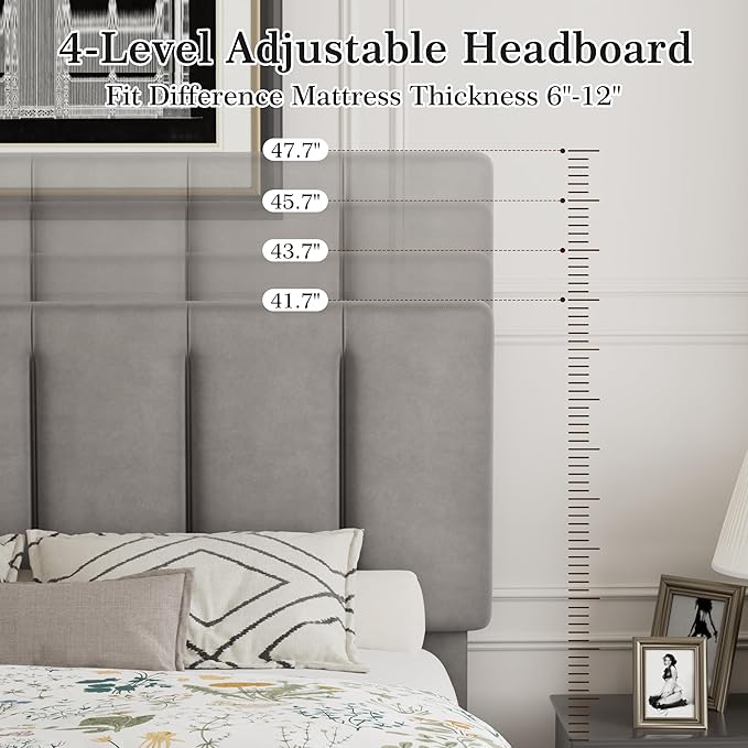 VECELO Full Size Bed Frame with Upholstered Headboard, Platform Bedframe with Strong Wooden Slats Support, No Boxing Spring Needed, Dark Grey