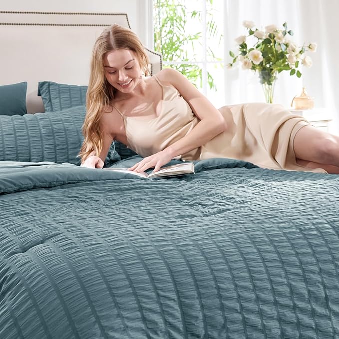 CozyLux Full Size Comforter Sets with Sheets 7 Pieces, Mineral Blue Seersucker Bed in a Bag Textured Luxury Soft Bedding Set with Down Alternative Comforter, Sheets, Pillowcases & Shams All Seasons