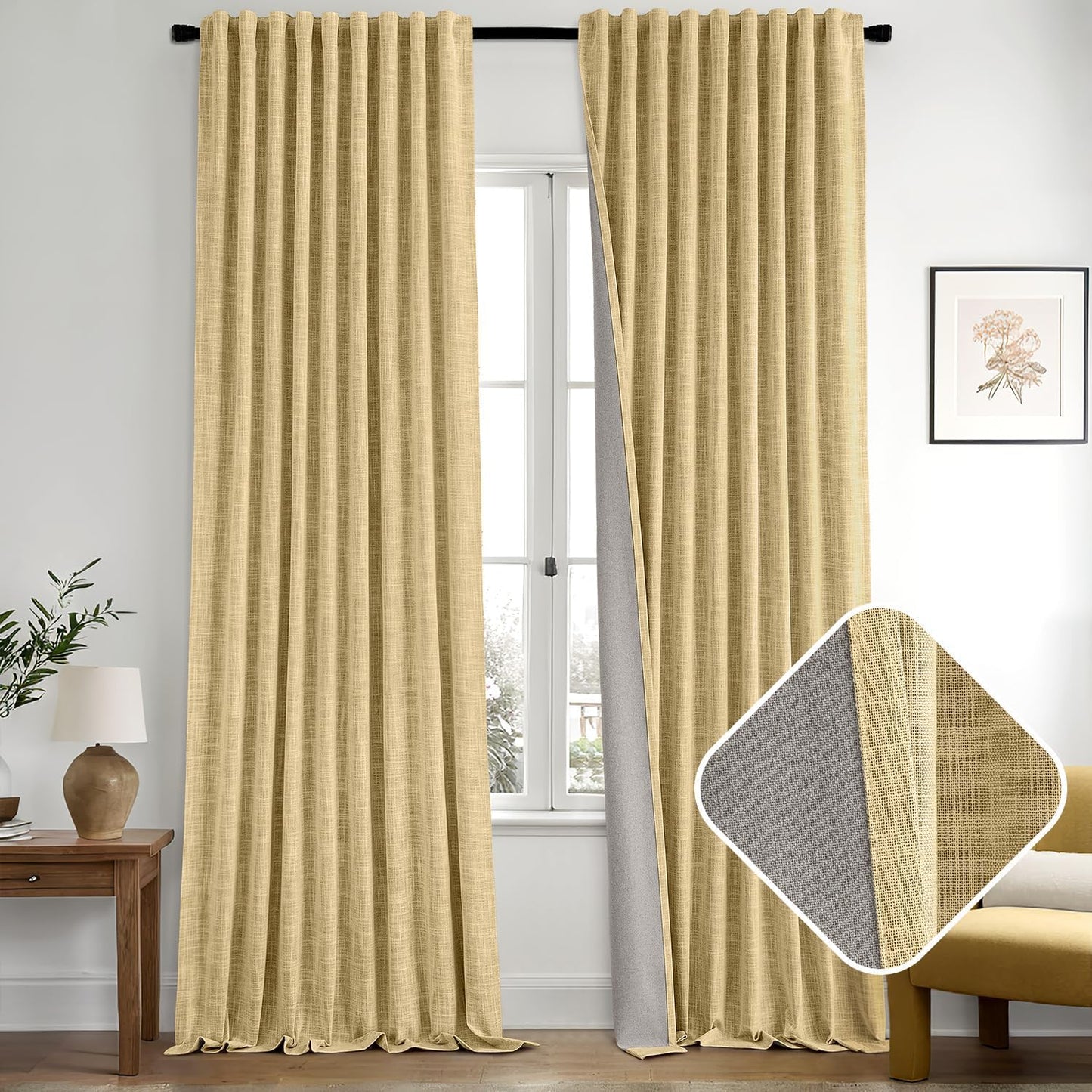 MIULEE Yellow 100% Blackout Linen Curtains 120 Inch 2 Panels Set Double Sided No Coating Pinch Pleated Back Tab Black out 10 FT Extra Long Thermal Insulated Bedroom Living Room Darkening Window Drapes