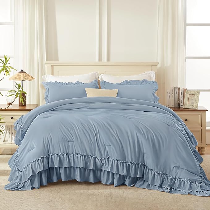 Andency Super King Ruffle Comforter Set, 3 Pieces Shabby Chic Farmhouse Bedding Set, Lightweight Soft Comforter Set 120x120 for Girls Women (1 Comforter 2 Pillowcases), Grayish Blue