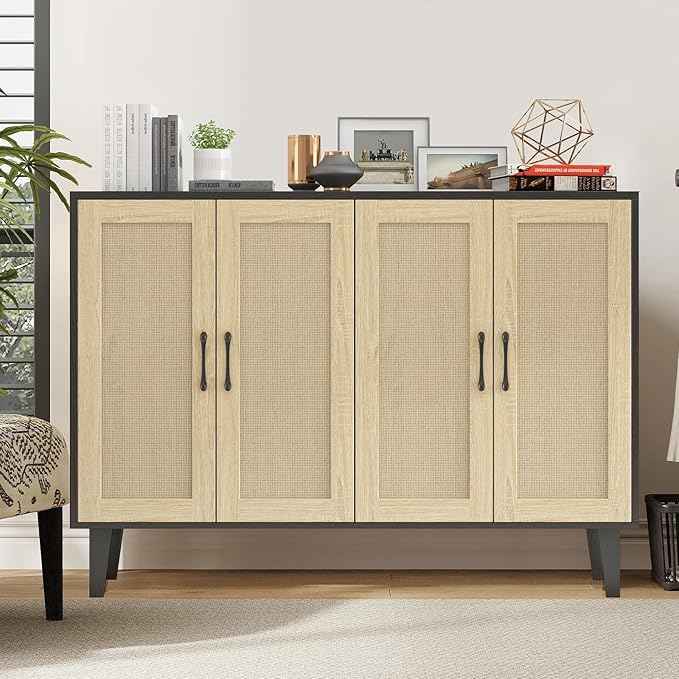 Panana Buffet Storage Cabinet with Rattan Decorating 4 Doors Living Room Kitchen Sideboard 48.43 x 34.65 x 15 inch (Black)