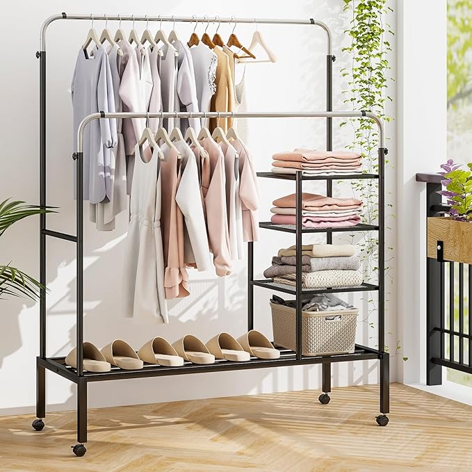 Tangkula Rolling Double Rods Garment Rack, Clothes Drying Rack with Height Adjustable Hanging Bars, Storage Shelves & Lockable Wheels, Heavy-duty Steel Clothing Rack for Indoor & Outdoor Use (Silver)