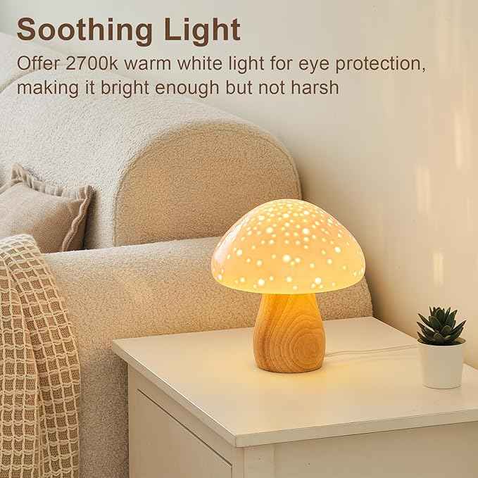 BOHON Mushroom Lamp, Ceramic Bedside Table Lamp for Bedroom Nightstand, Vintage Cute Night Light, Small Lamp for Living Room Kids Desk Home Decor Girls Mother's Day Gifts, LED Bulb Included, Pink