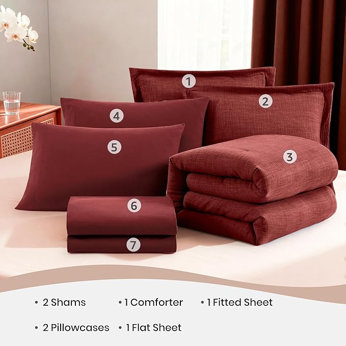 Geniospin Queen Comforter Set - 7 Pieces Comforter Queen Size, Solid Bedding Set for All Season, Dark Red Textured Bed in a Bag with Sheets