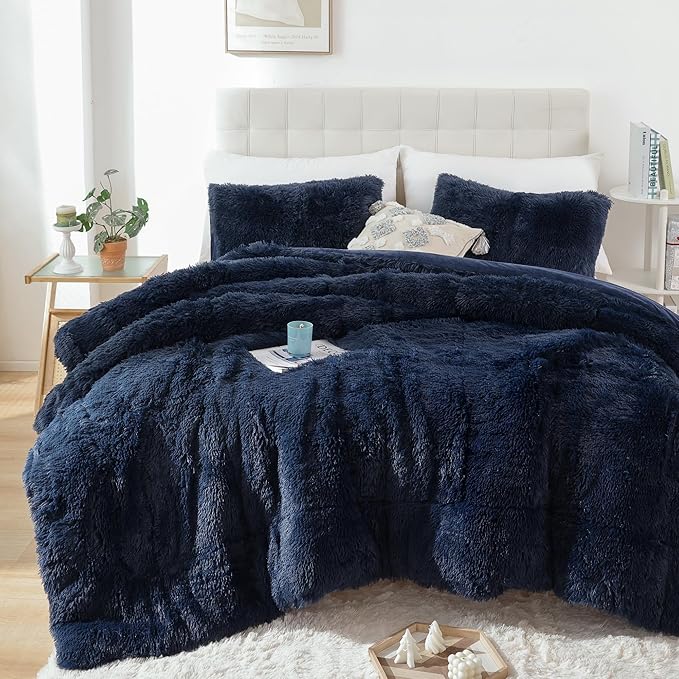 Smoofy Fluffy Queen Comforter Set, Faux Fur Comforter Set Queen Size, Luxury Fuzzy Bedding Set, Soft Shaggy Bed Set for All Season, 3 Pieces - 1 Comforter & 2 Pillowcases, Navy