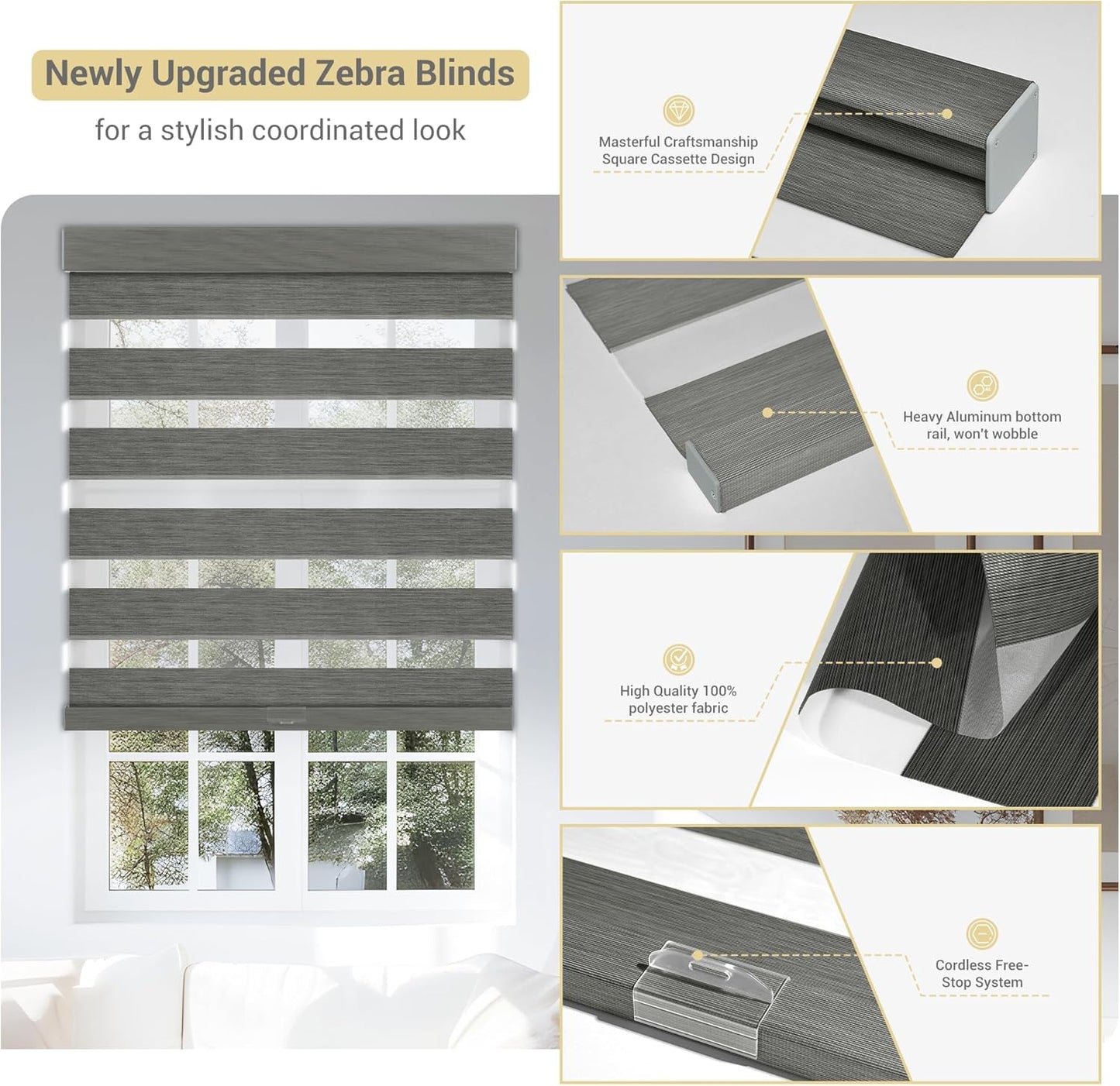 Cordless Zebra Blinds for Windows, Blackout Interior Blinds,Easy to Install,UV Protection,for Offices and Home,Custom Roller Shades, Mousse Grey,82" W x 36" H