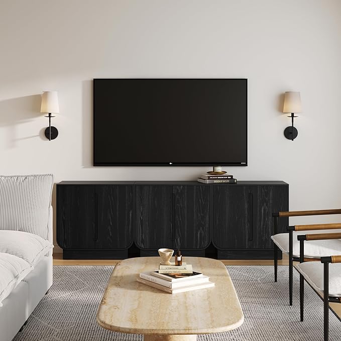 Nathan James Joey Mid Century Modern Storage Cabinet, Arched Accent Cabinet with Rounded Bottom Edges and Integrated Door Pull Cutouts, Black Oak Set of 3