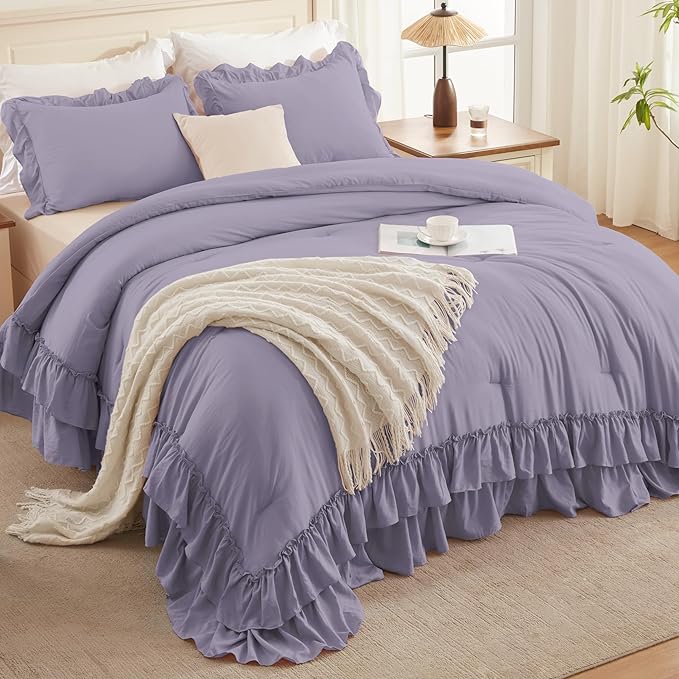 Andency Grayish Purple Ruffle Comforter Set King, Shabby Chic Farmhouse Bedding Comforter, Soft Lightweight Fluffy Microfiber Bet Set All Season 3 Pieces Solid Comforter Set
