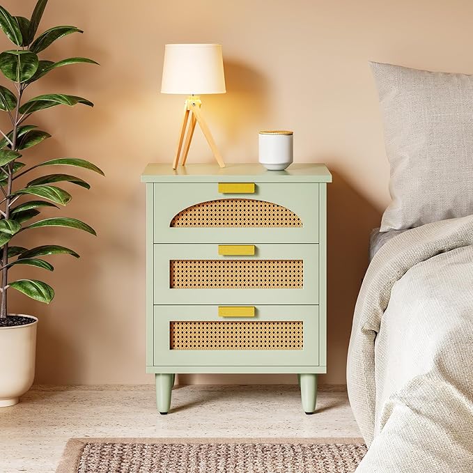 LITTLE TREE Rattan Nightstand Set of 2, Mint Green End Table with 3 Drawers for Couch, Wooden Bedside Table for Bedroom, Easy Assembly