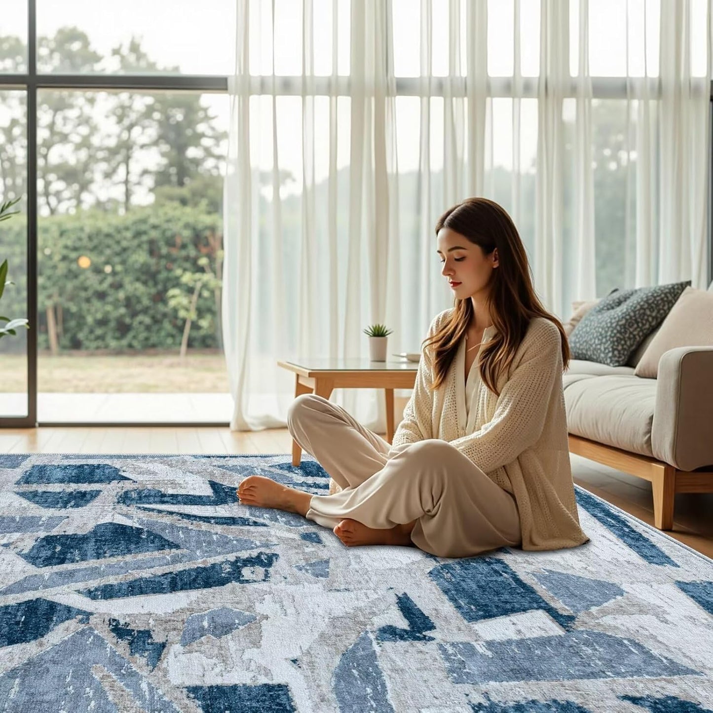 Modern Abstract Blue 8X10 Area Rug for Living Room Bedroom Washable, with Non-Slip Rubber Backing Print Faux Wool Thin, Throw Large Carpet for Kids Playroom Dining Room Pet & Child Friendly