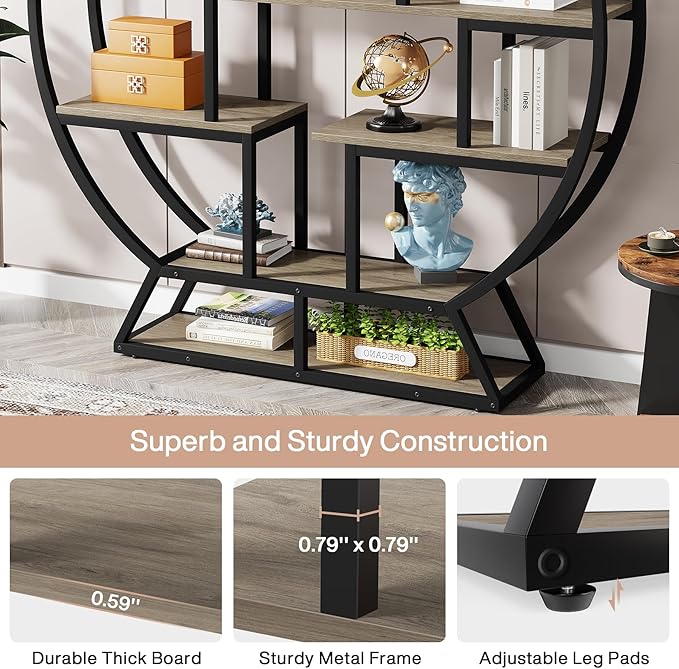 Tribesigns Bookshelf, Round Bookshelves Etagere Bookcase, 63 Inch Industrial Wood Book Shelf with Staggered Shelves, Open Shelving Organizer Rack Display Shelf for Home Office, Living Room, Grey