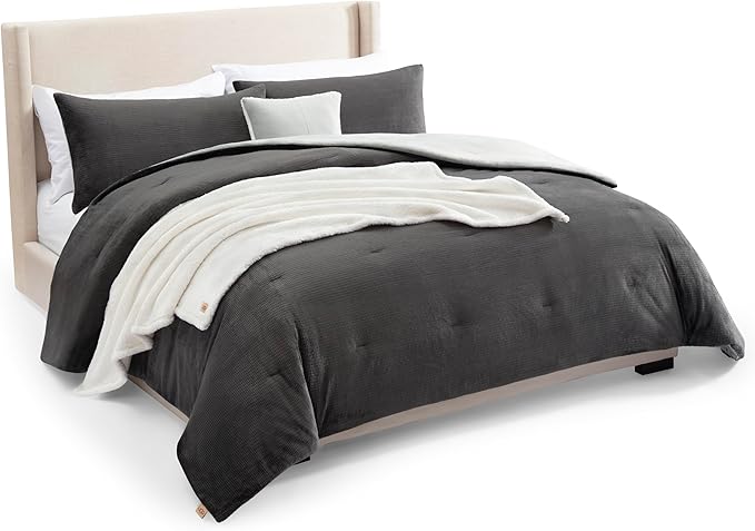 UGG Remina Comforter Set 5 Piece Bed in a Bag with Throw Blanket, Decorative Pillow, Shams, and Reversible Comforter Hypoallergenic Washable Luxury Plush Warm Fluffy Bedding Set, King, Charcoal Grey